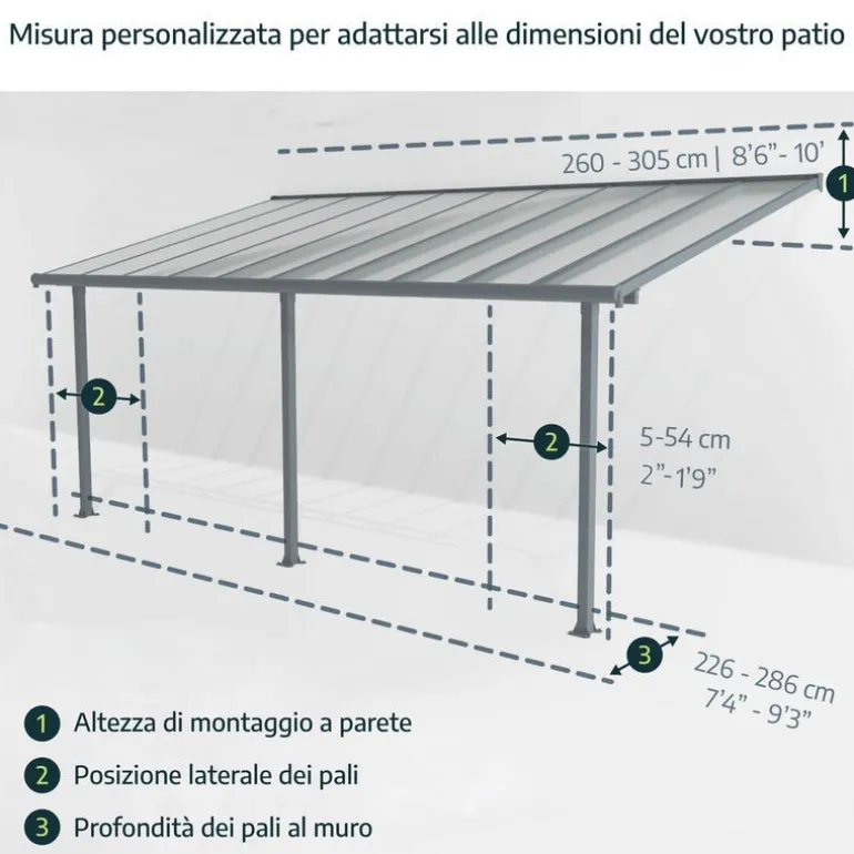 Canopia Olympia Pergola Addossata in Alluminio 3X6.2 m Grigio