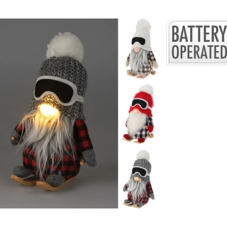 Gnomo Sciatore in Tessuto con Led 20 cm. Pezzo Singolo