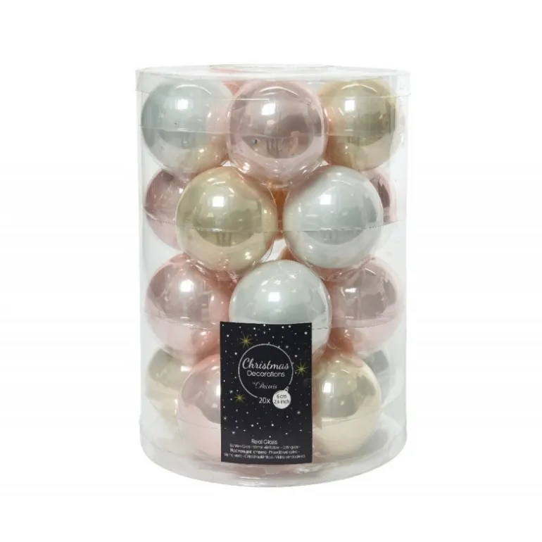 Palline di Natale in vetro da appendere 6 cm Bianco, Oro e Rosa. Set 20