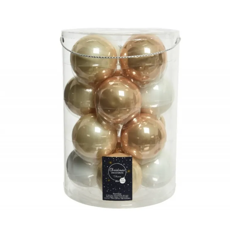 Palline di Natale in vetro da appendere 8 cm Perla, Caramello e Bianco. Set 16