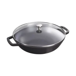 Wok con Coperchio in Vetro 30 cm Nero in Ghisa